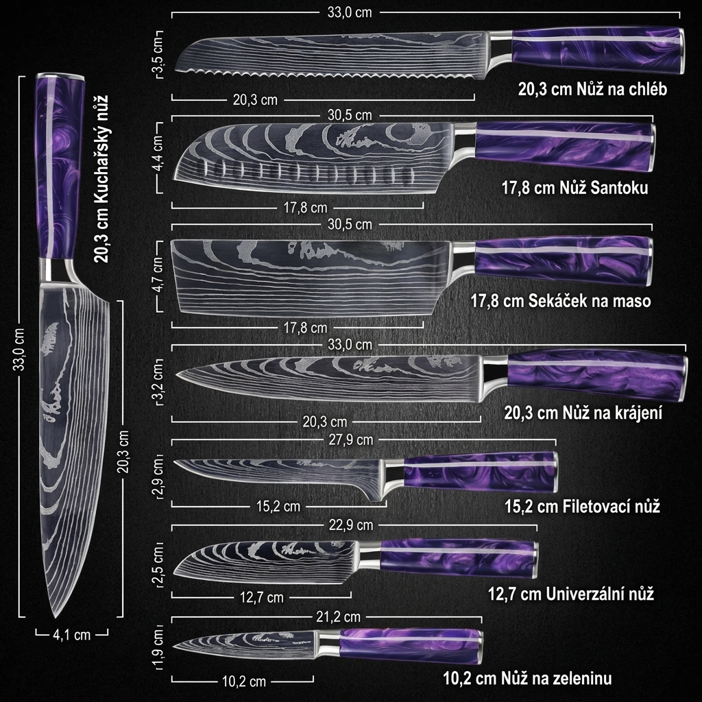 Kolekce Aurora — Sada 8 japonských damaškových nožů z oceli VG-10