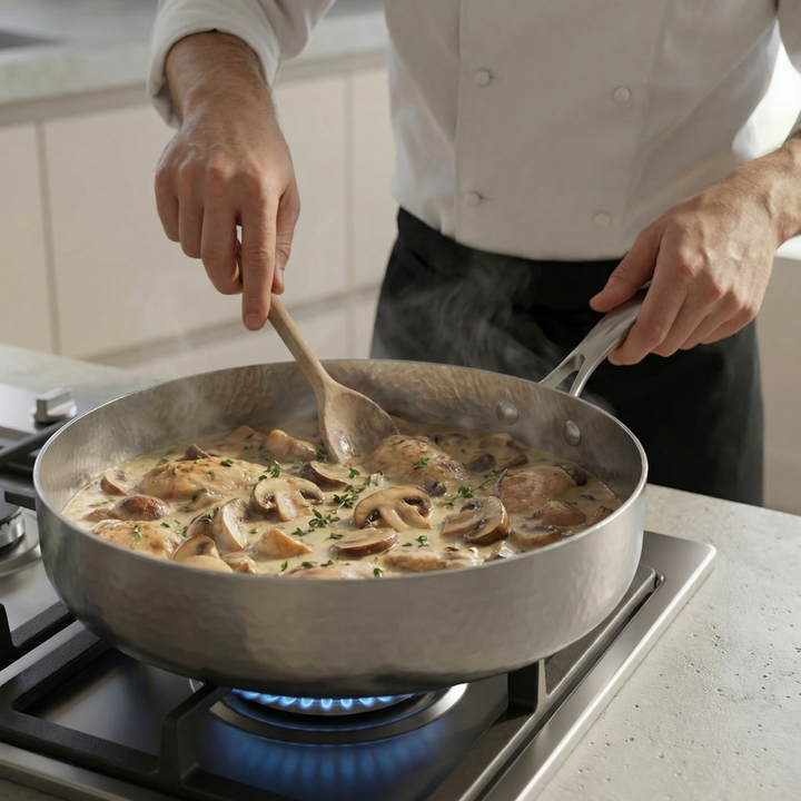 Titanová pánev s vysokými okraji a martelovaným povrchem