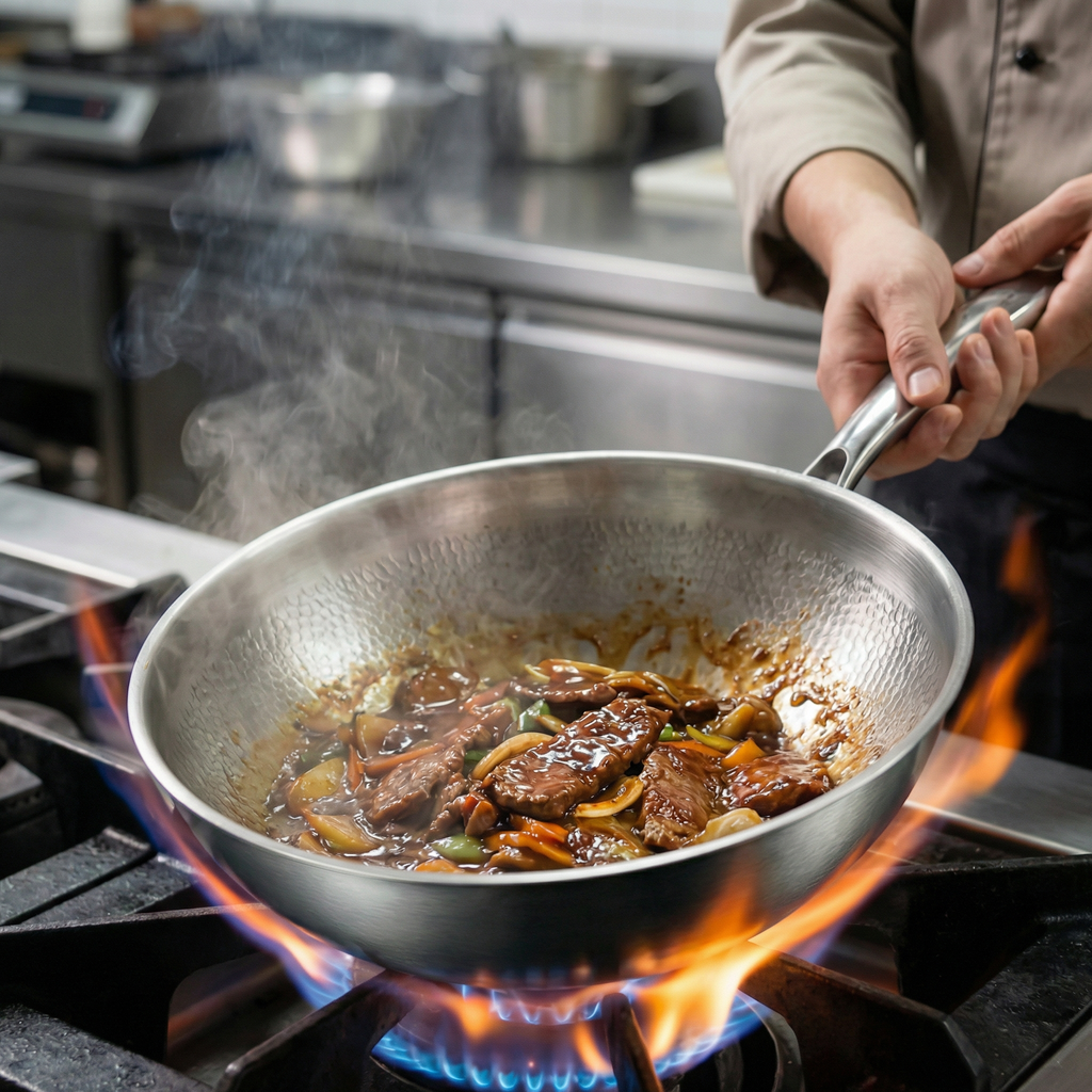 Titanový wok s plochým dnem a martelovaným povrchem