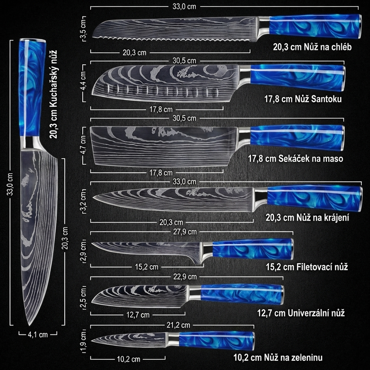 Kolekce Glacier — Sada 8 japonských damaškových nožů z oceli VG-10