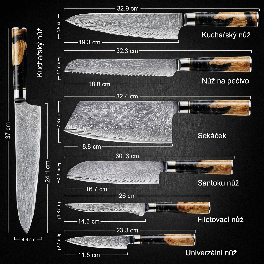 Kolekce Obsidian — Sada 7 japonských damaškových nožů z oceli VG-10