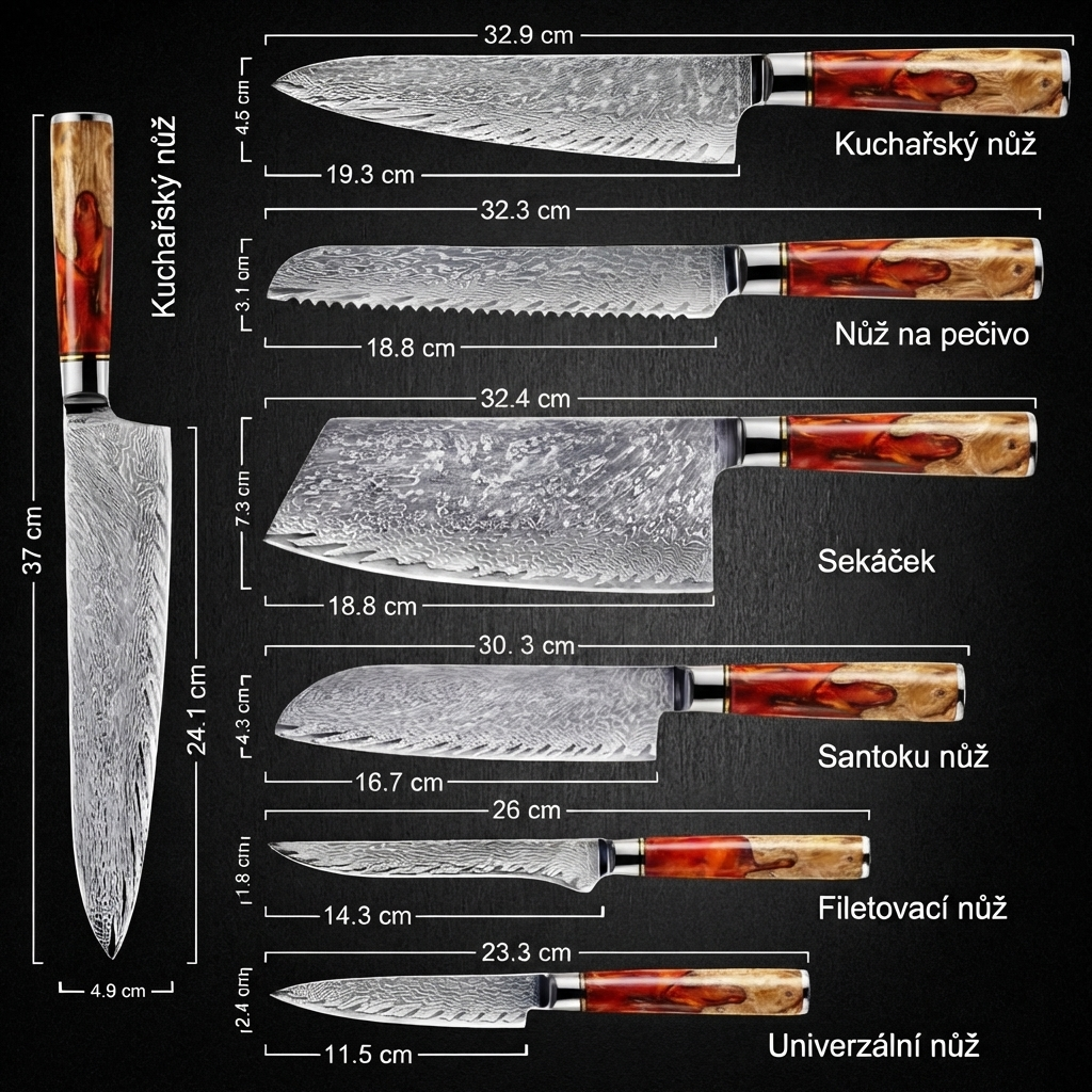 Kolekce Vulkán — Sada 7 japonských damaškových nožů z oceli VG-10