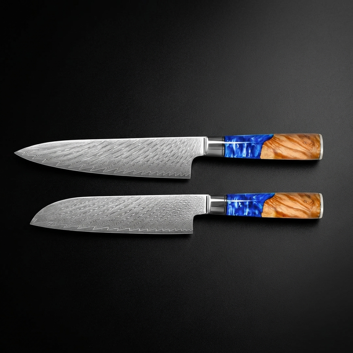 SADA 2 DAMAŠKOVÝCH NOŽŮ – KUCHAŘSKÝ NŮŽ + SANTOKU (KOLEKCE NEPTUN)