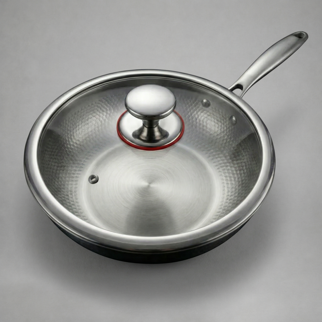 Titanový wok s plochým dnem a martelovaným povrchem