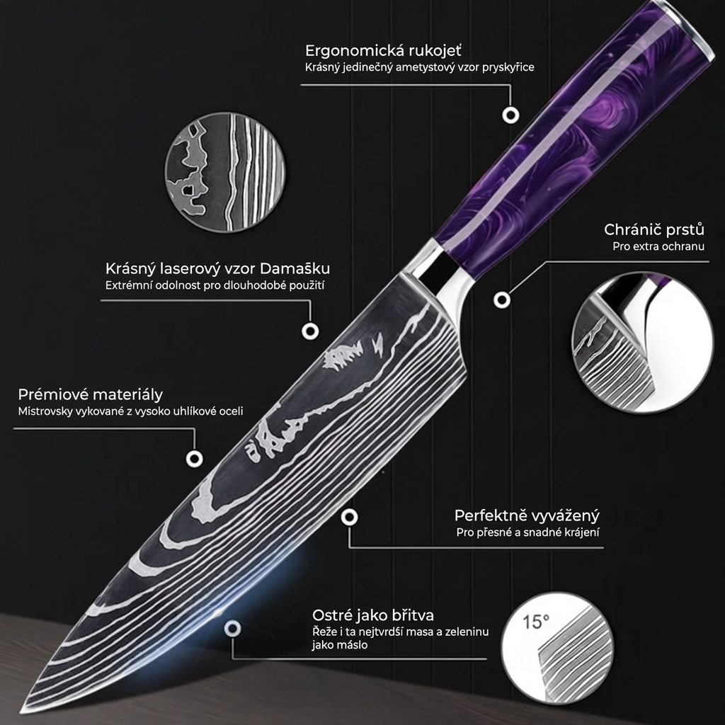 Kolekce Aurora — Sada 8 japonských damaškových nožů z oceli VG-10